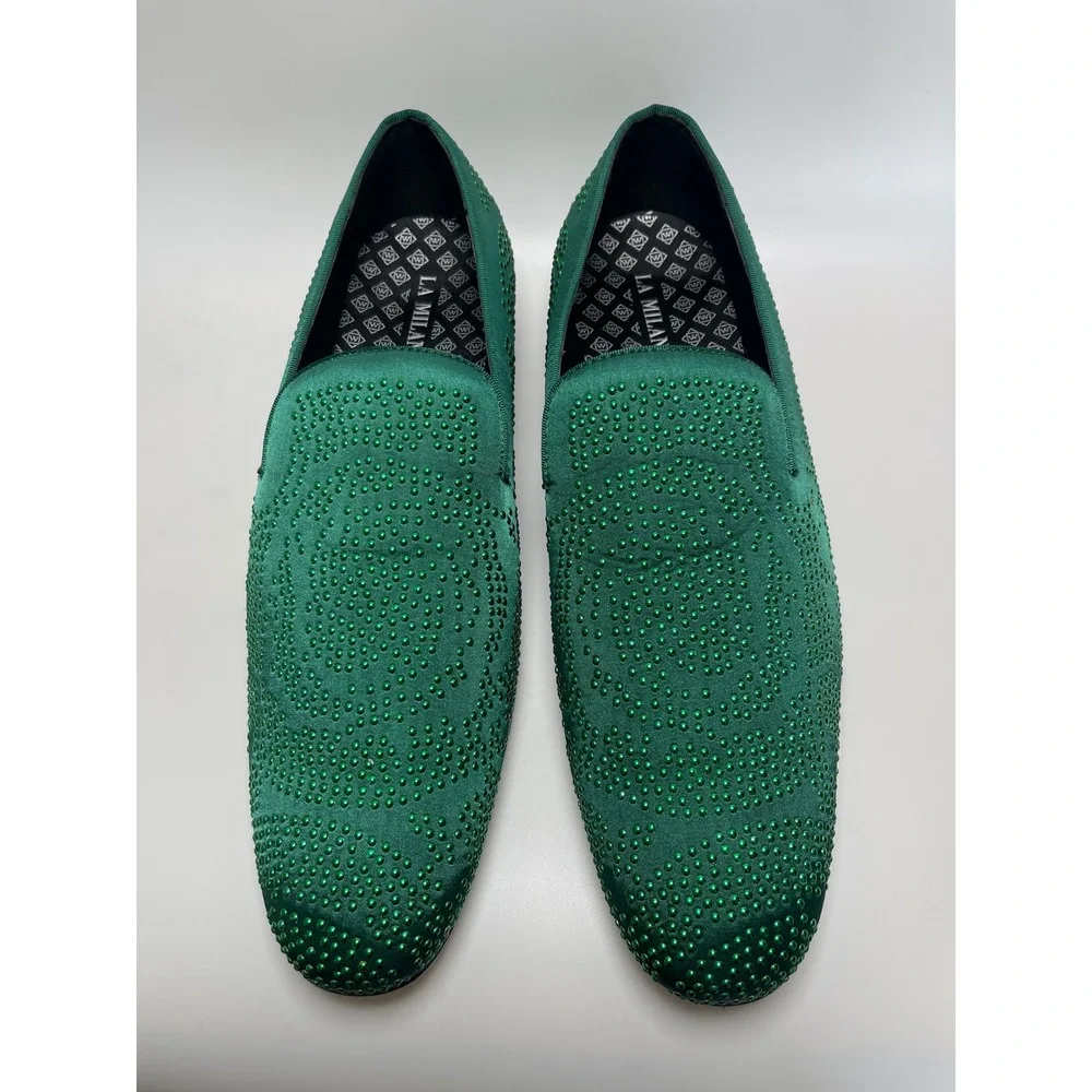 La Milano Mens Emerald Green Satin Rhinestone Studded Loafers Slip On Shoes 14